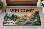 World Biomes Welcome Mat with dimensional printed themed artwork; representative AI-generated mockup.