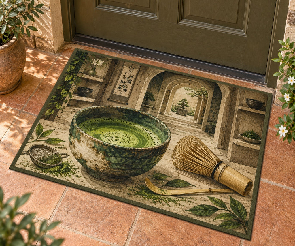 Matcha Ritual Welcome Mat with dimensional printed themed artwork; representative AI-generated mockup.