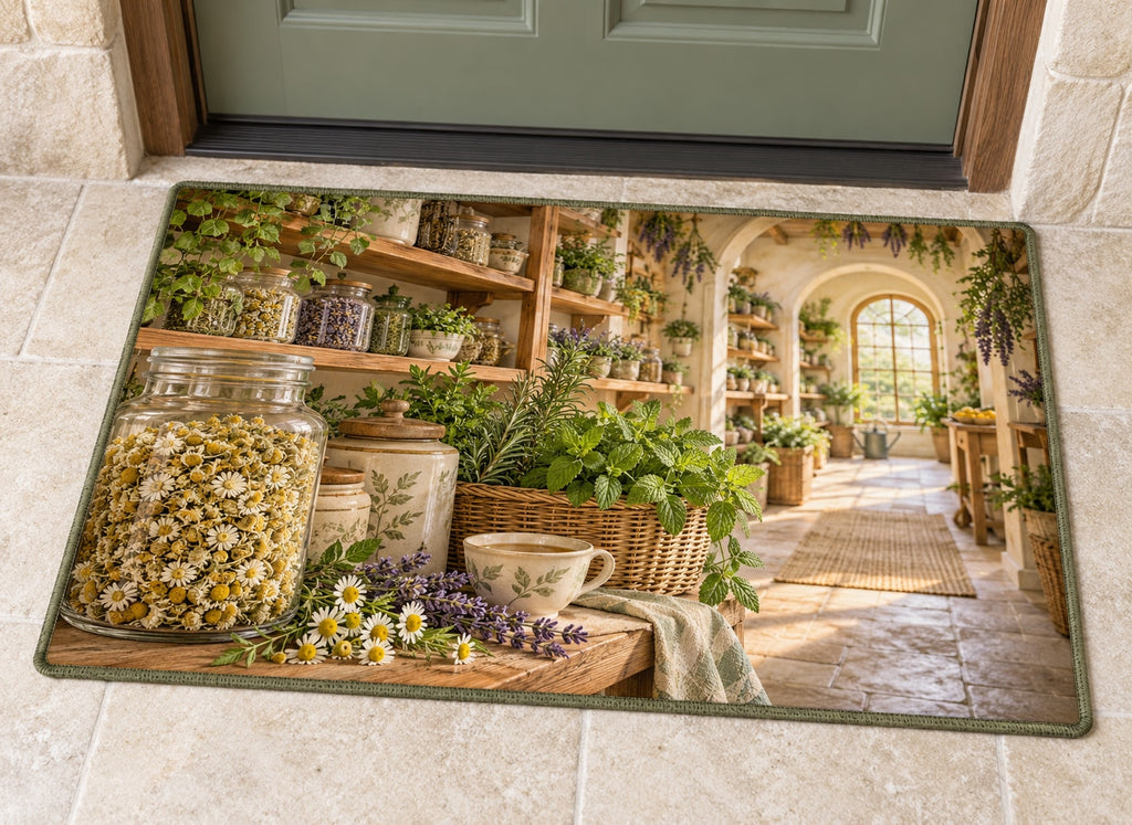 Herbal Tea Shelf Welcome Mat with dimensional printed themed artwork; representative AI-generated mockup.