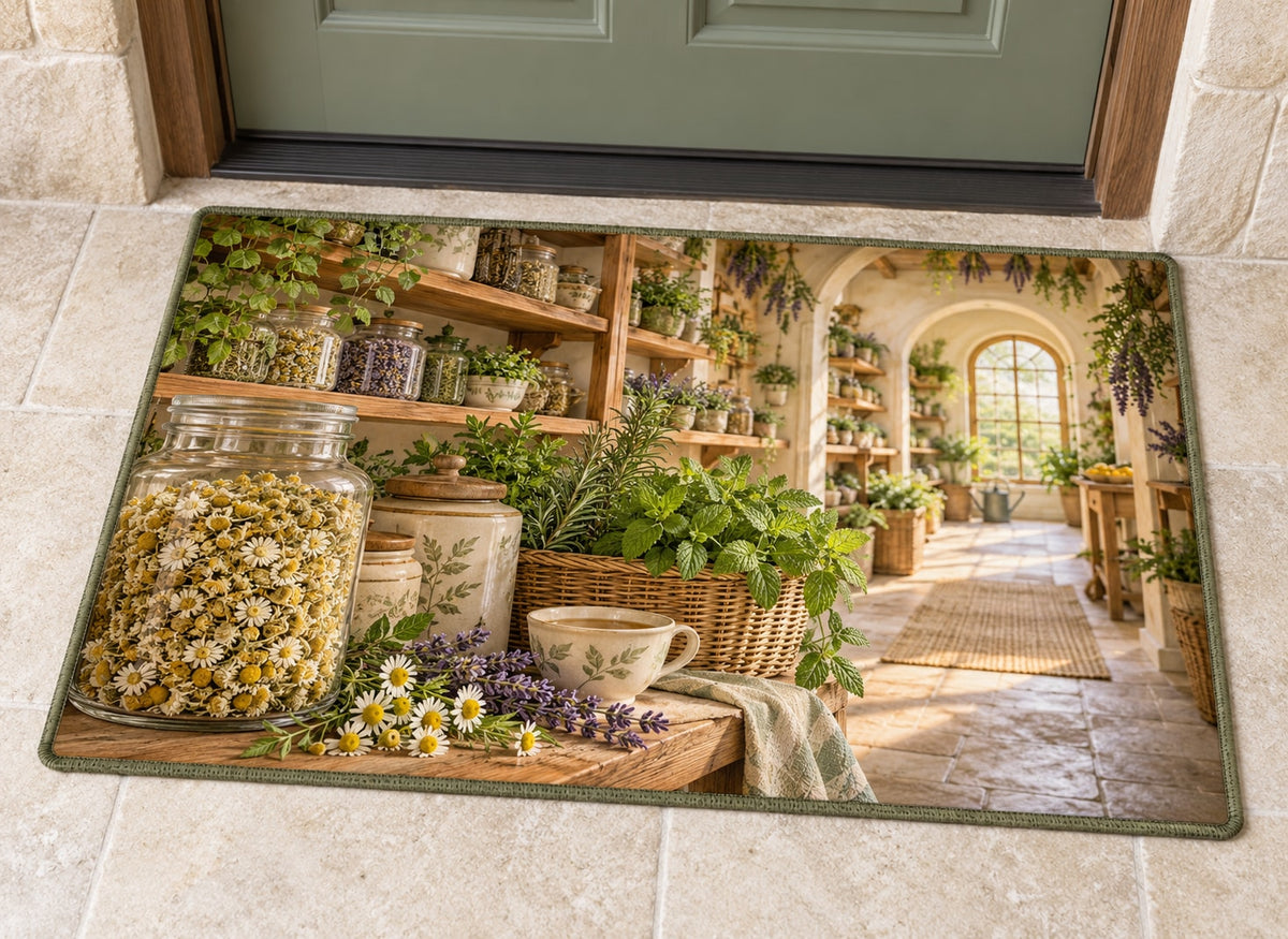 Herbal Tea Shelf Welcome Mat with dimensional printed themed artwork; representative AI-generated mockup.