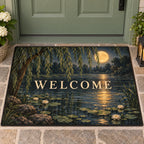 Moonlit Willow Pond Welcome Mat with dimensional printed themed artwork; representative AI-generated mockup.