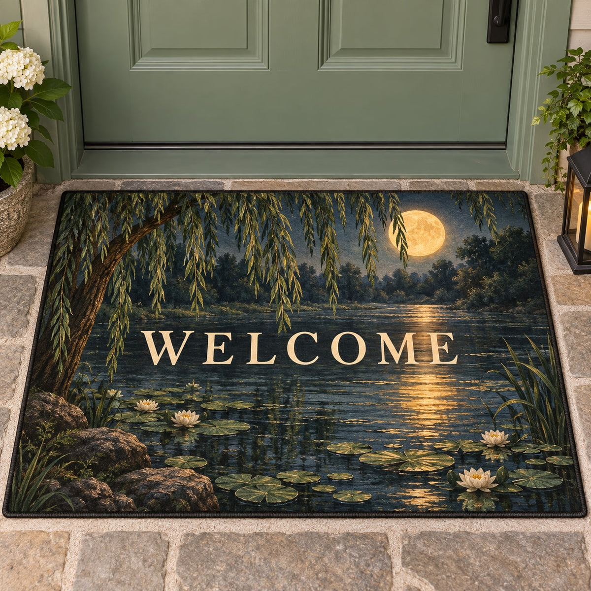 Moonlit Willow Pond Welcome Mat with dimensional printed themed artwork; representative AI-generated mockup.