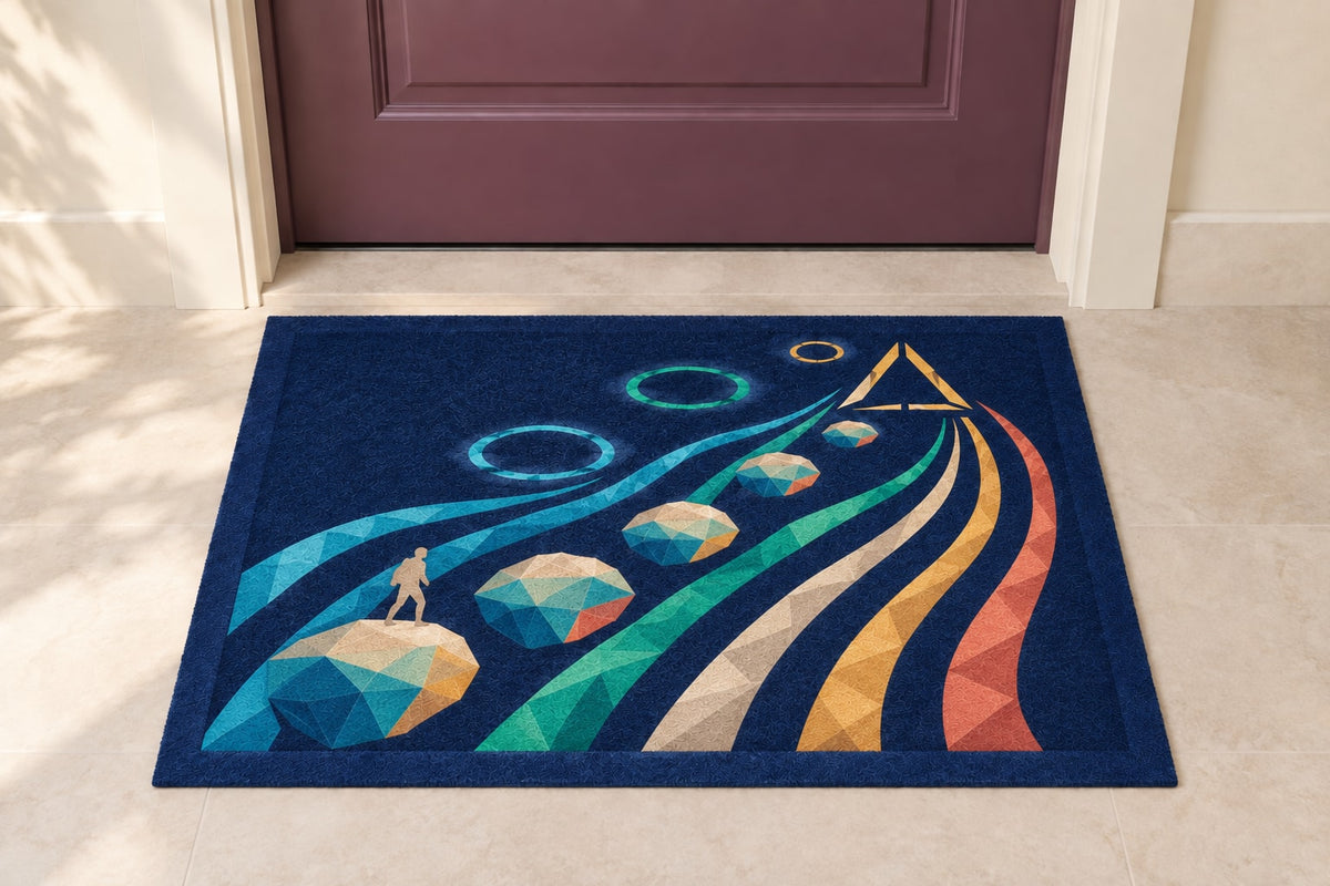 Aurora Cairn Ascension Welcome Mat with dimensional printed themed artwork; representative AI-generated mockup.
