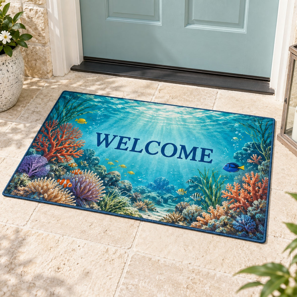 Coral Reef Welcome Mat with dimensional printed themed artwork; representative AI-generated mockup.