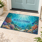 Coral Reef Welcome Mat with dimensional printed themed artwork; representative AI-generated mockup.