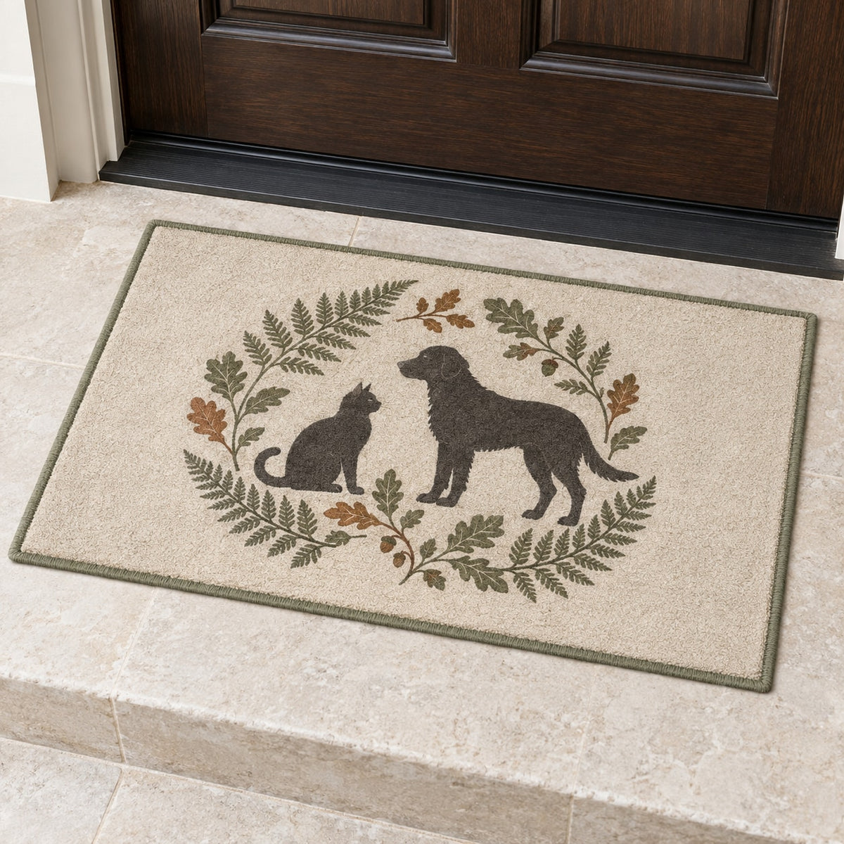 Woodland Pet Silhouette Welcome Mat with dimensional printed themed artwork; representative AI-generated mockup.