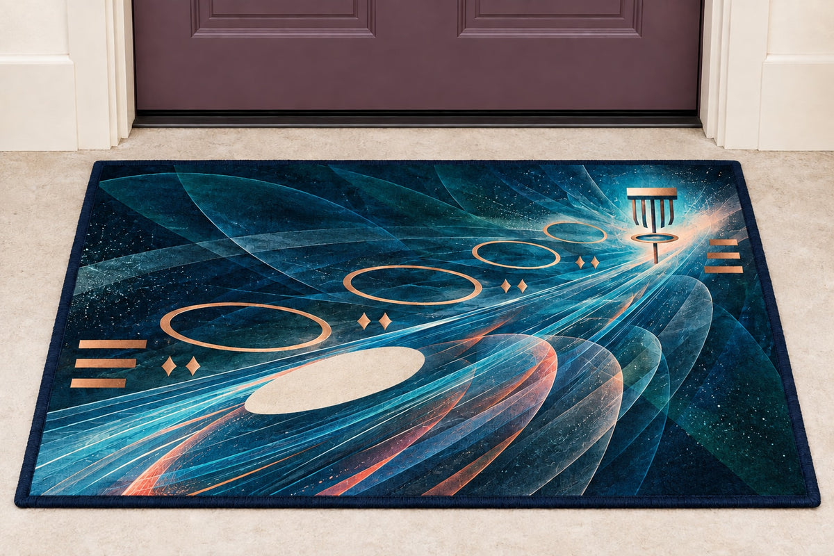 Aerochain Meridian Welcome Mat with dimensional printed themed artwork; representative AI-generated mockup.