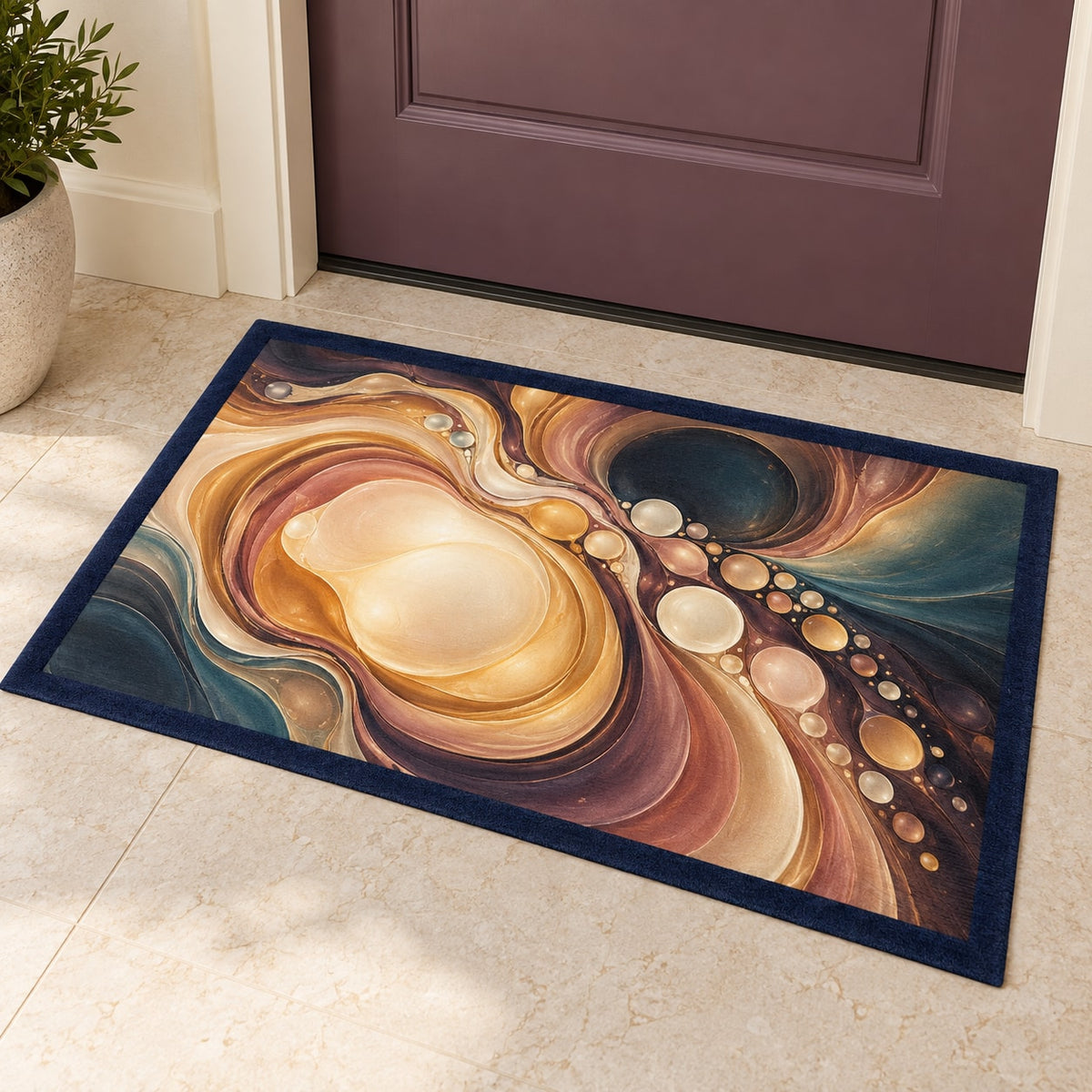 Luminous Waxfold Cascade Welcome Mat with dimensional printed themed artwork; representative AI-generated mockup.