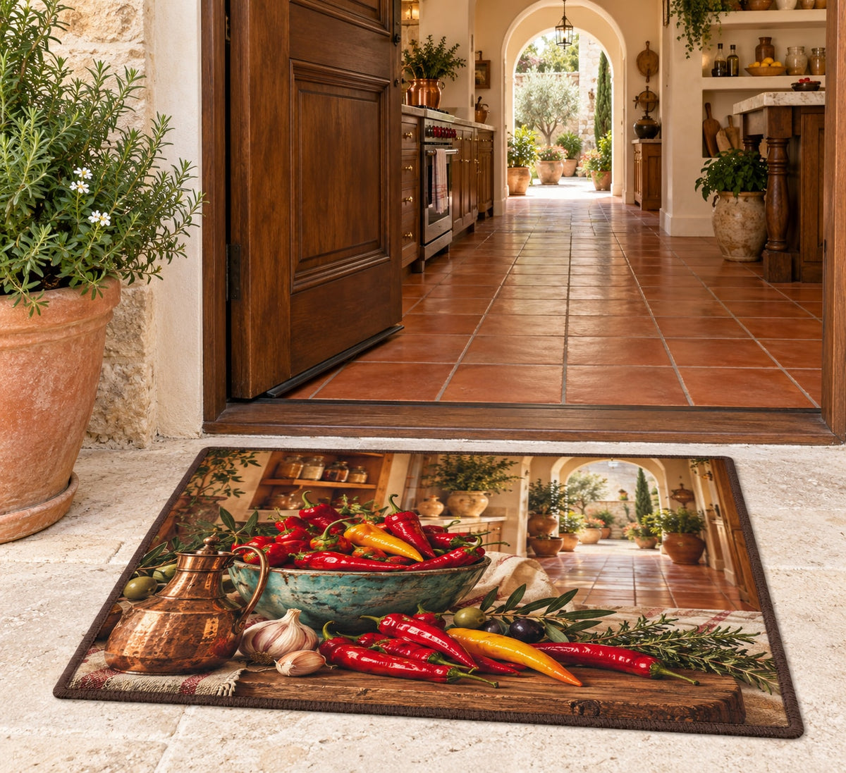 Chili Pepper Kitchen Welcome Mat with dimensional printed themed artwork; representative AI-generated mockup.