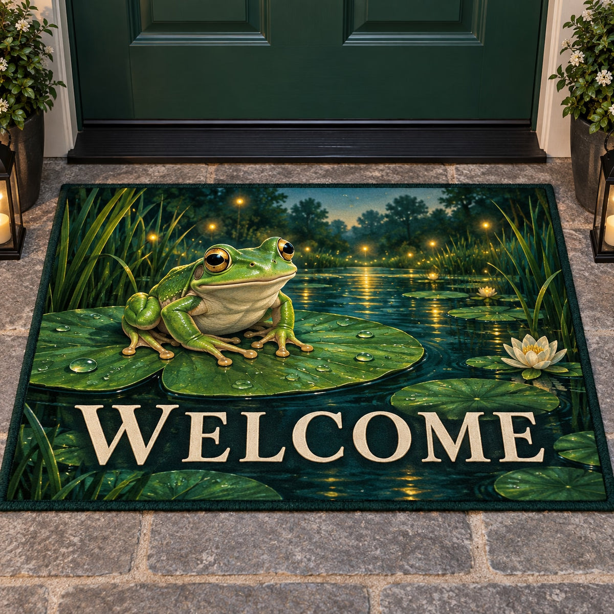 Enchanted Frog Pond Welcome Mat with dimensional printed themed artwork; representative AI-generated mockup.
