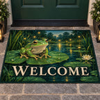 Enchanted Frog Pond Welcome Mat with dimensional printed themed artwork; representative AI-generated mockup.