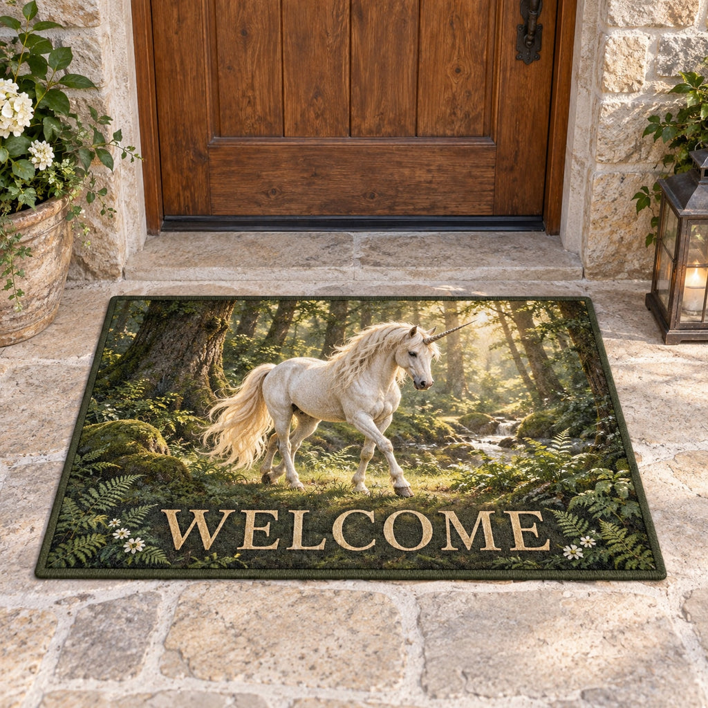 Unicorn Woodland Welcome Mat with dimensional printed themed artwork; representative AI-generated mockup.