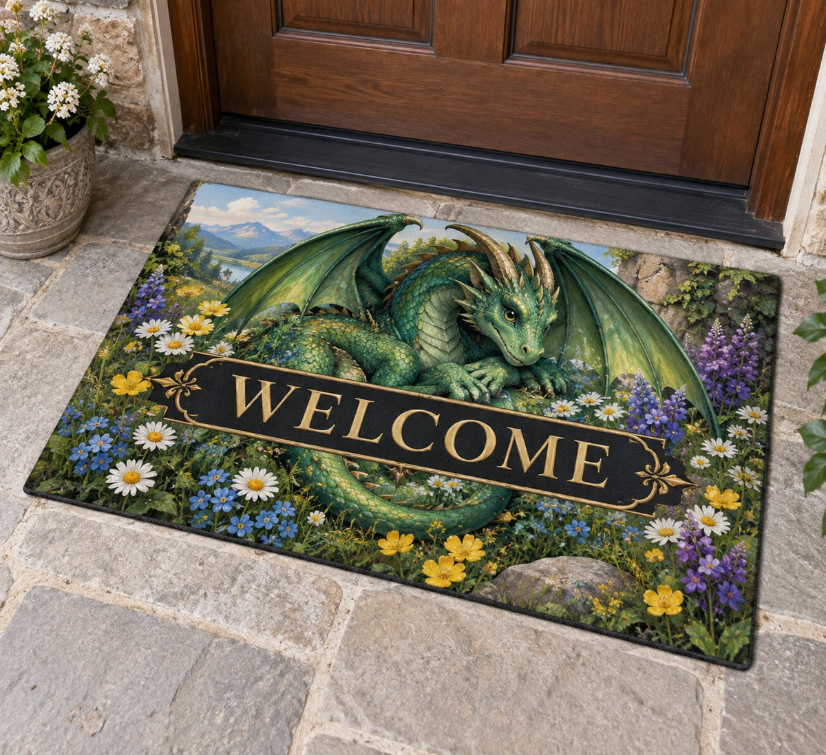 Dragon and Wildflowers Welcome Mat with dimensional printed themed artwork; representative AI-generated mockup.