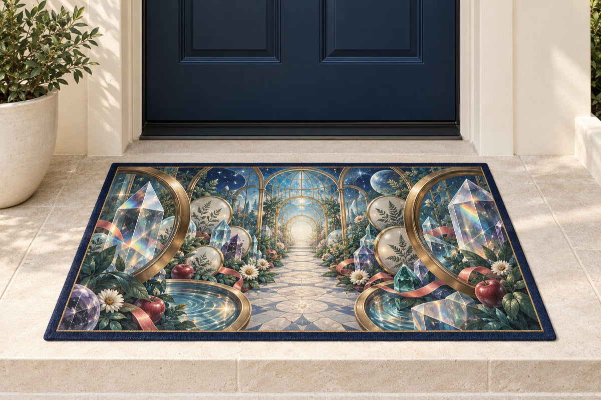 Prismatic Discovery Conservatory Welcome Mat with dimensional printed themed artwork; representative AI-generated mockup.