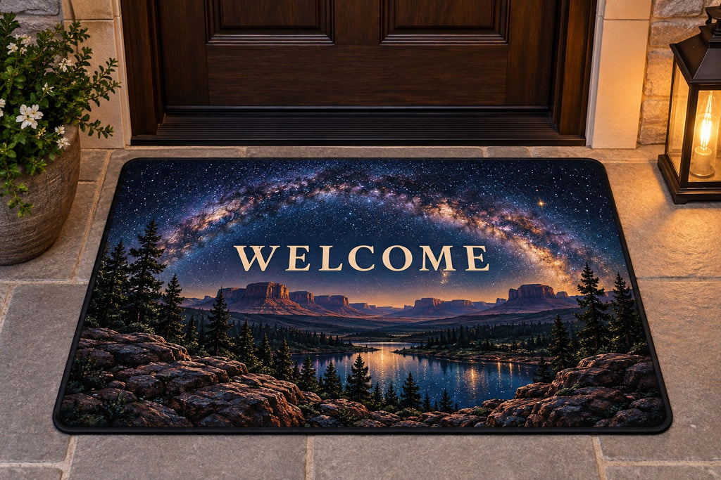 Milky Way Arch Welcome Mat with dimensional printed themed artwork; representative AI-generated mockup.