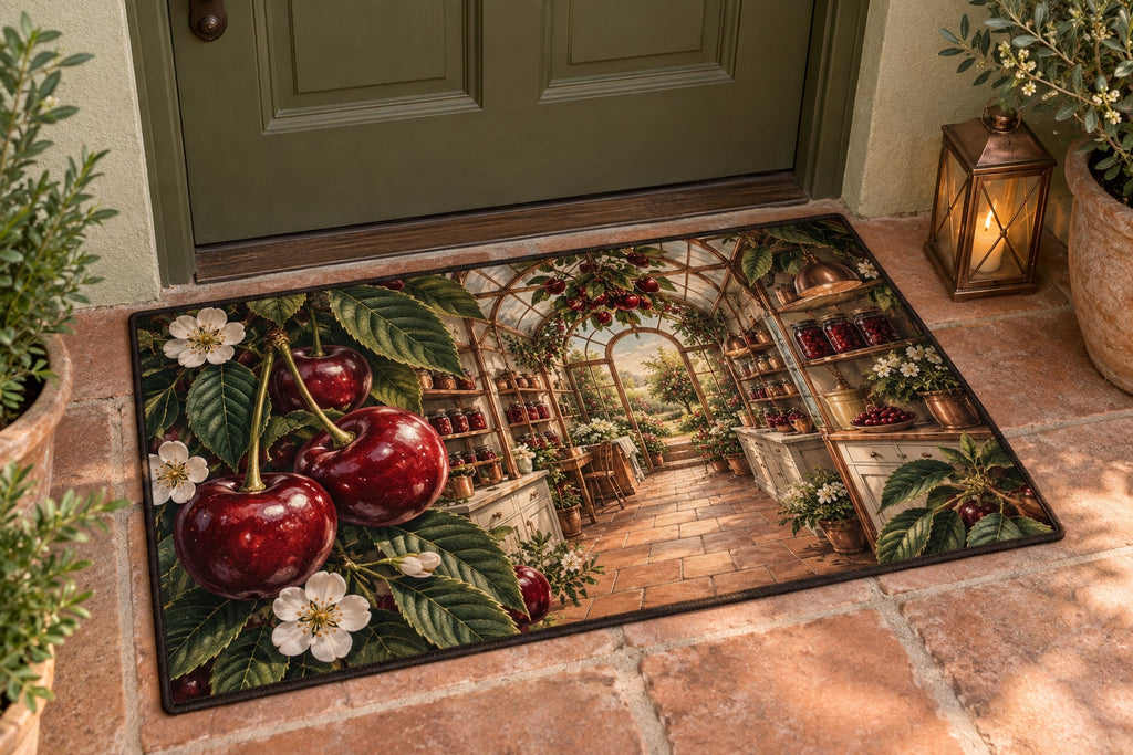 Cherry Kitchen Welcome Mat with dimensional printed themed artwork; representative AI-generated mockup.