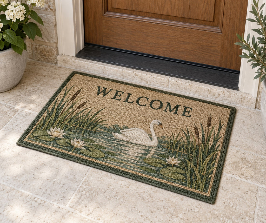 Swan and Reeds Welcome Mat with dimensional printed themed artwork; representative AI-generated mockup.