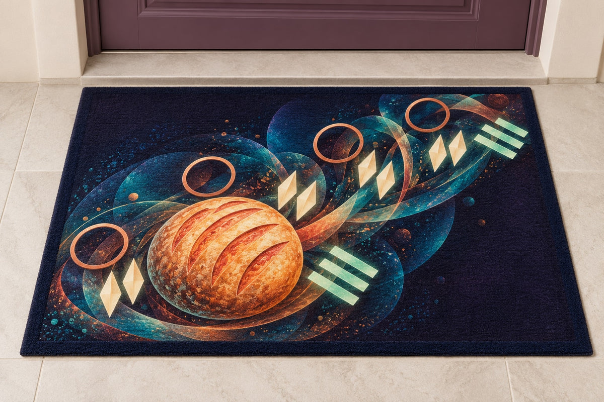 Crumb Lantern Fermentation Welcome Mat with dimensional printed themed artwork; representative AI-generated mockup.