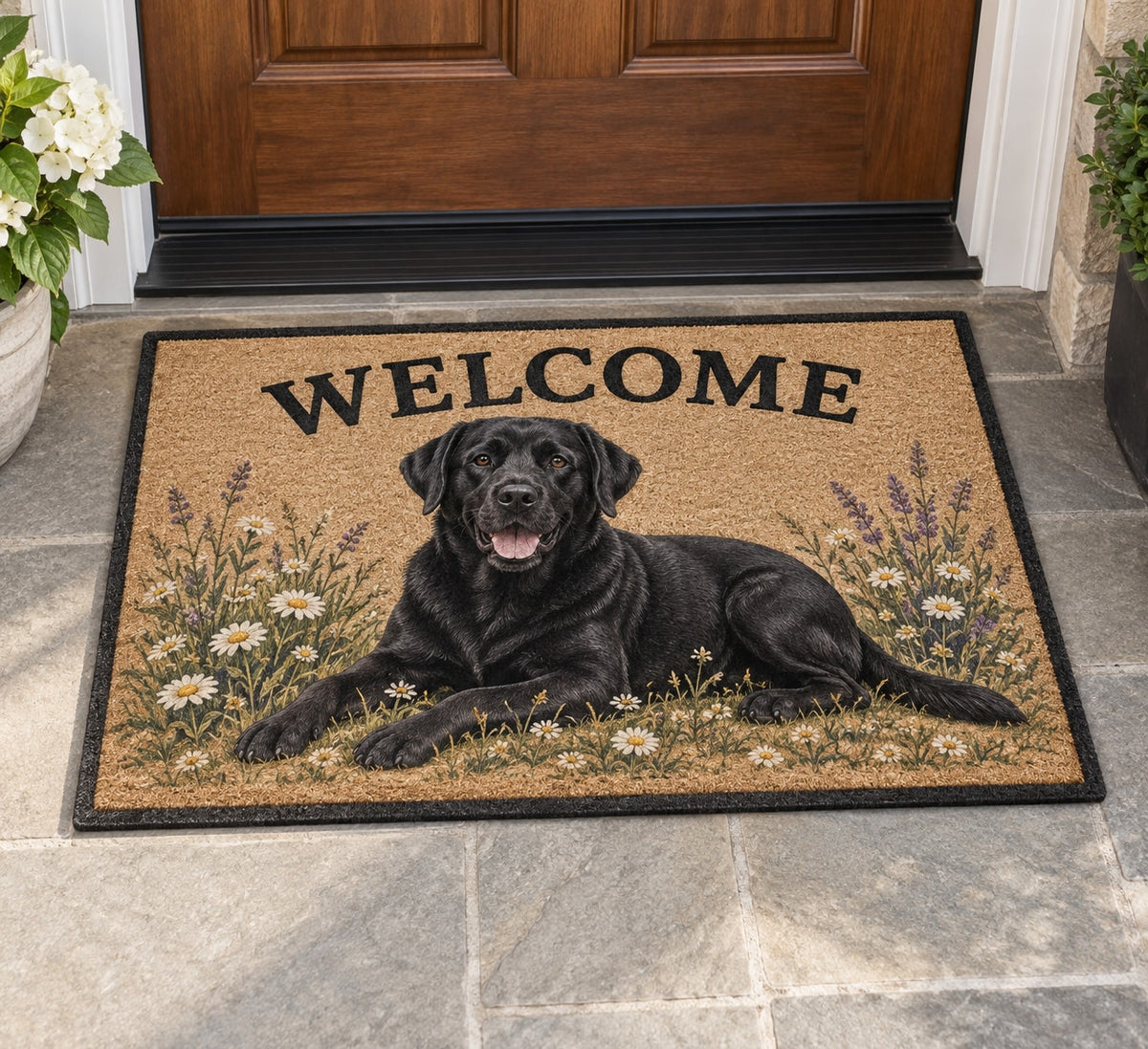 Labrador Retriever Welcome Mat with dimensional printed themed artwork; representative AI-generated mockup.