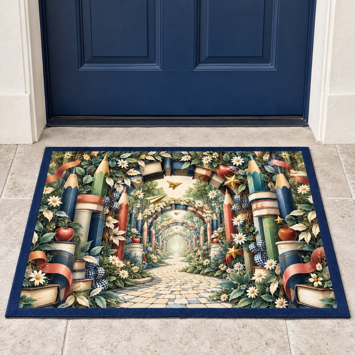 Elementary Learning Garden Welcome Mat with dimensional printed themed artwork; representative AI-generated mockup.