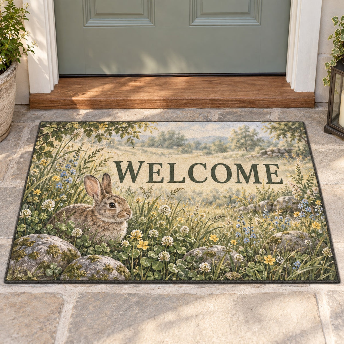 Rabbit Meadow Welcome Mat with dimensional printed themed artwork; representative AI-generated mockup.