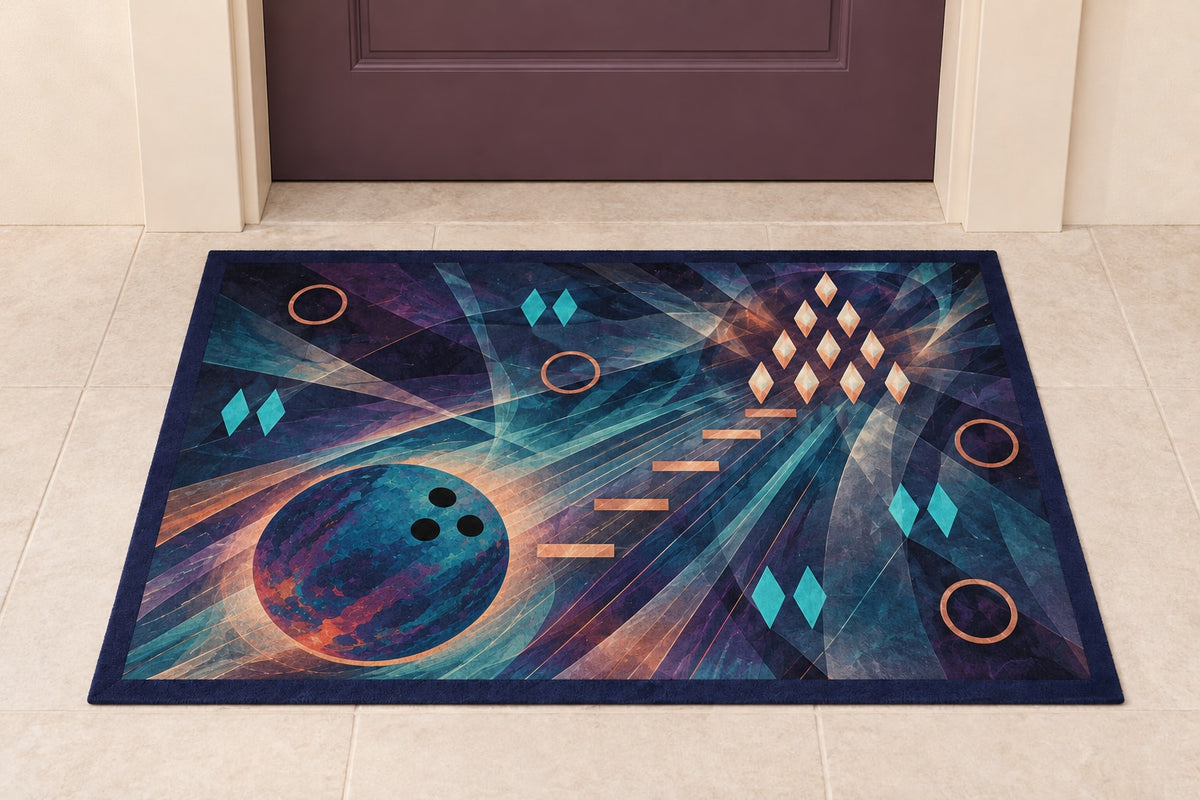 Tenpin Aurora Lattice Welcome Mat with dimensional printed themed artwork; representative AI-generated mockup.