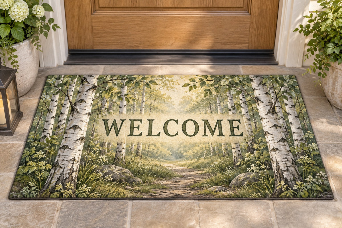 Birch Grove Welcome Mat with dimensional printed themed artwork; representative AI-generated mockup.
