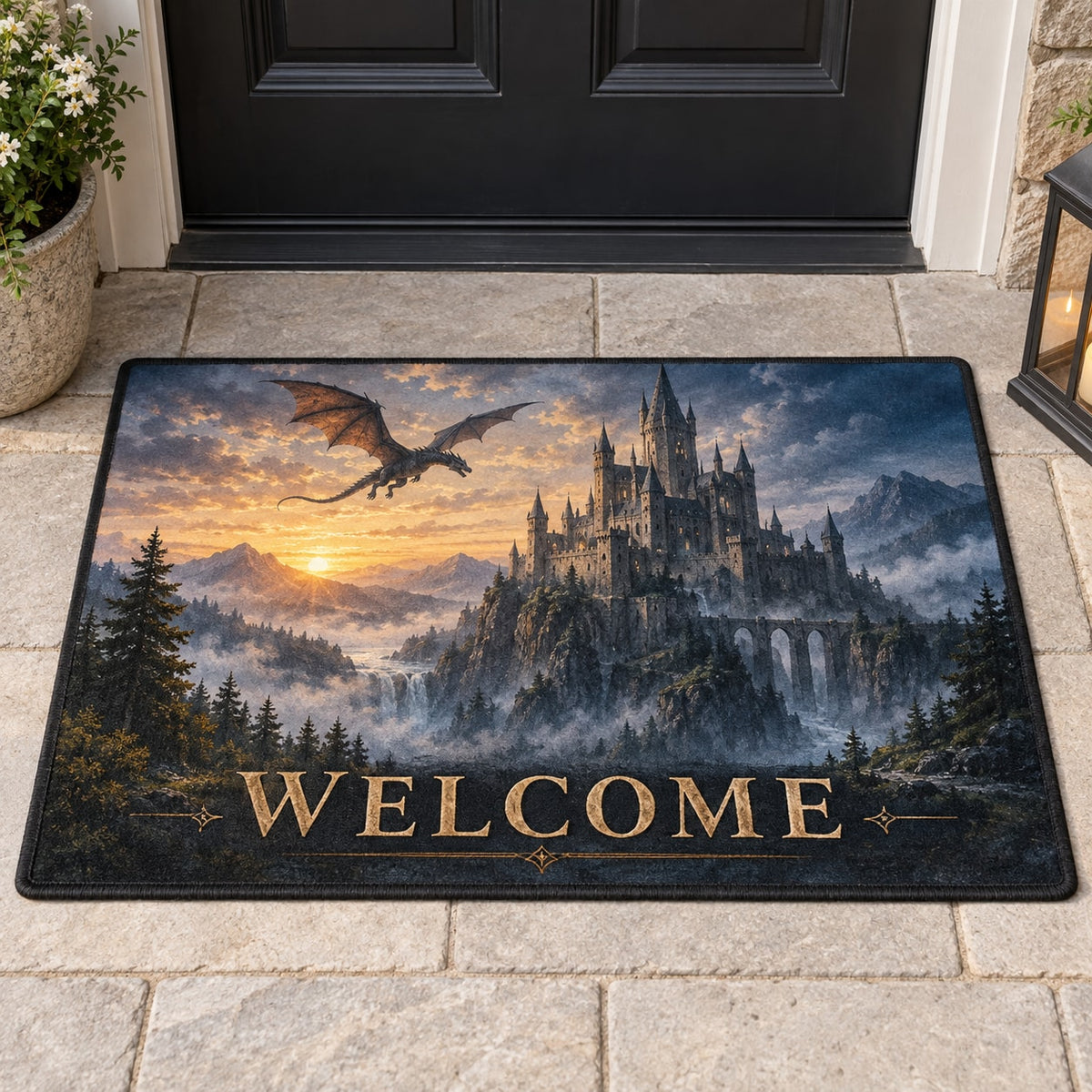 Dragon Castle Welcome Mat with dimensional printed themed artwork; representative AI-generated mockup.