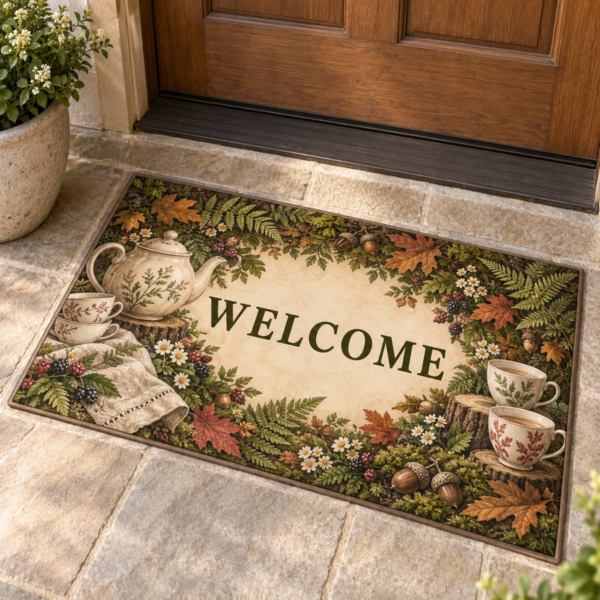 Woodland Tea Picnic Welcome Mat with dimensional printed themed artwork; representative AI-generated mockup.