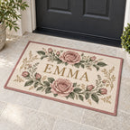 Single Name Birth Flower Welcome Mat with dimensional printed themed artwork; representative AI-generated mockup.