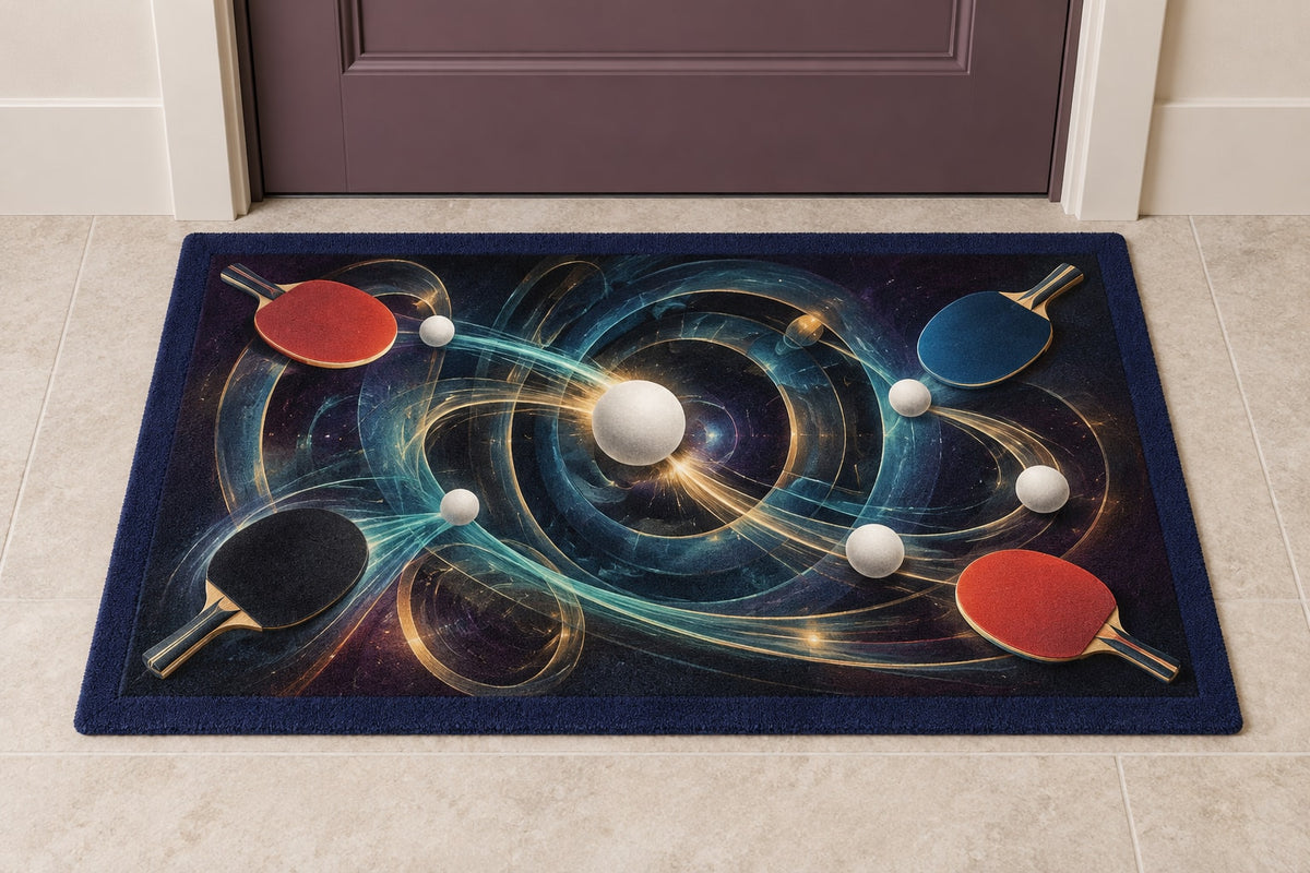 Spinvector Rally Observatory Welcome Mat with dimensional printed themed artwork; representative AI-generated mockup.