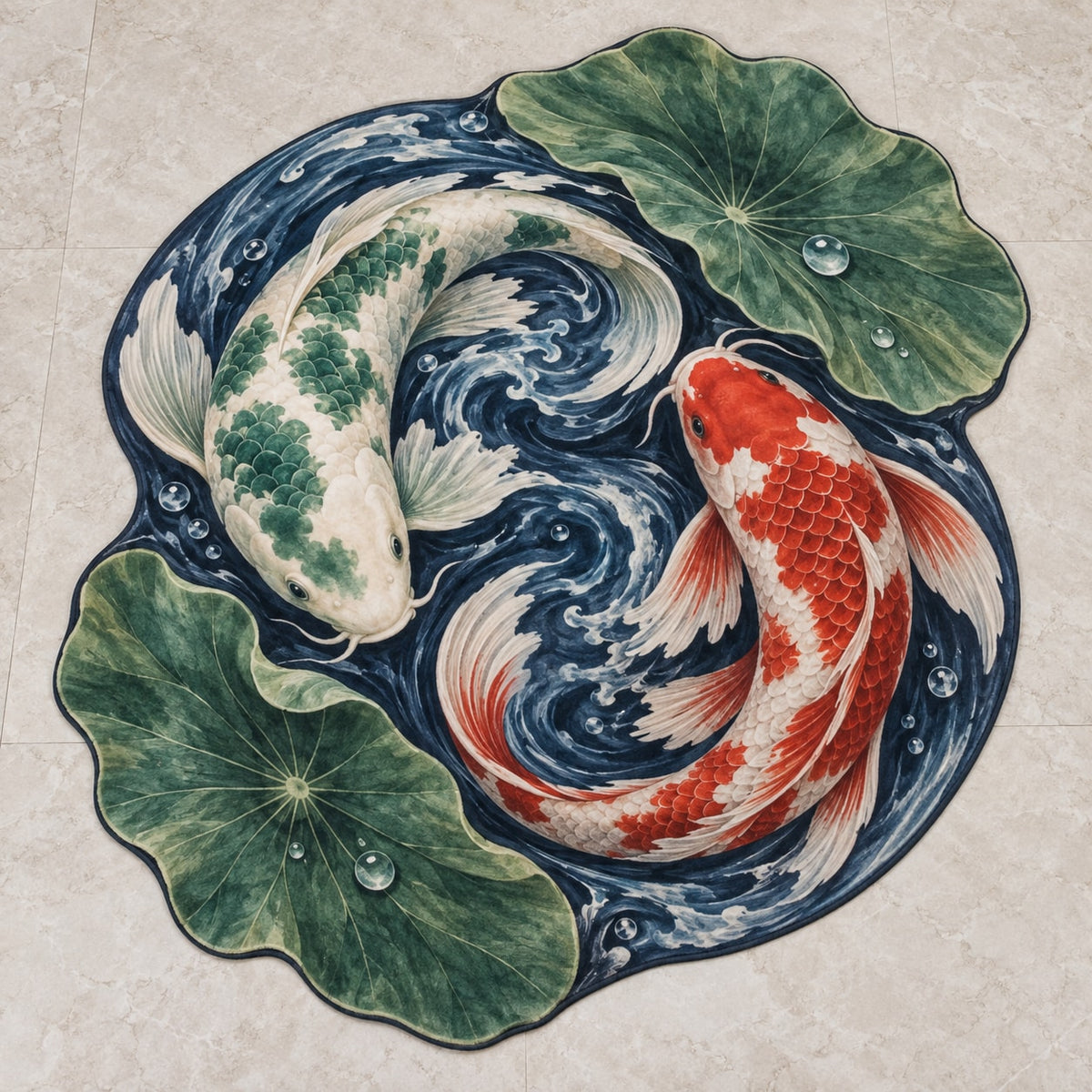 Celestial Koi Custom Shape Mat with dimensional printed themed artwork; representative AI-generated mockup.