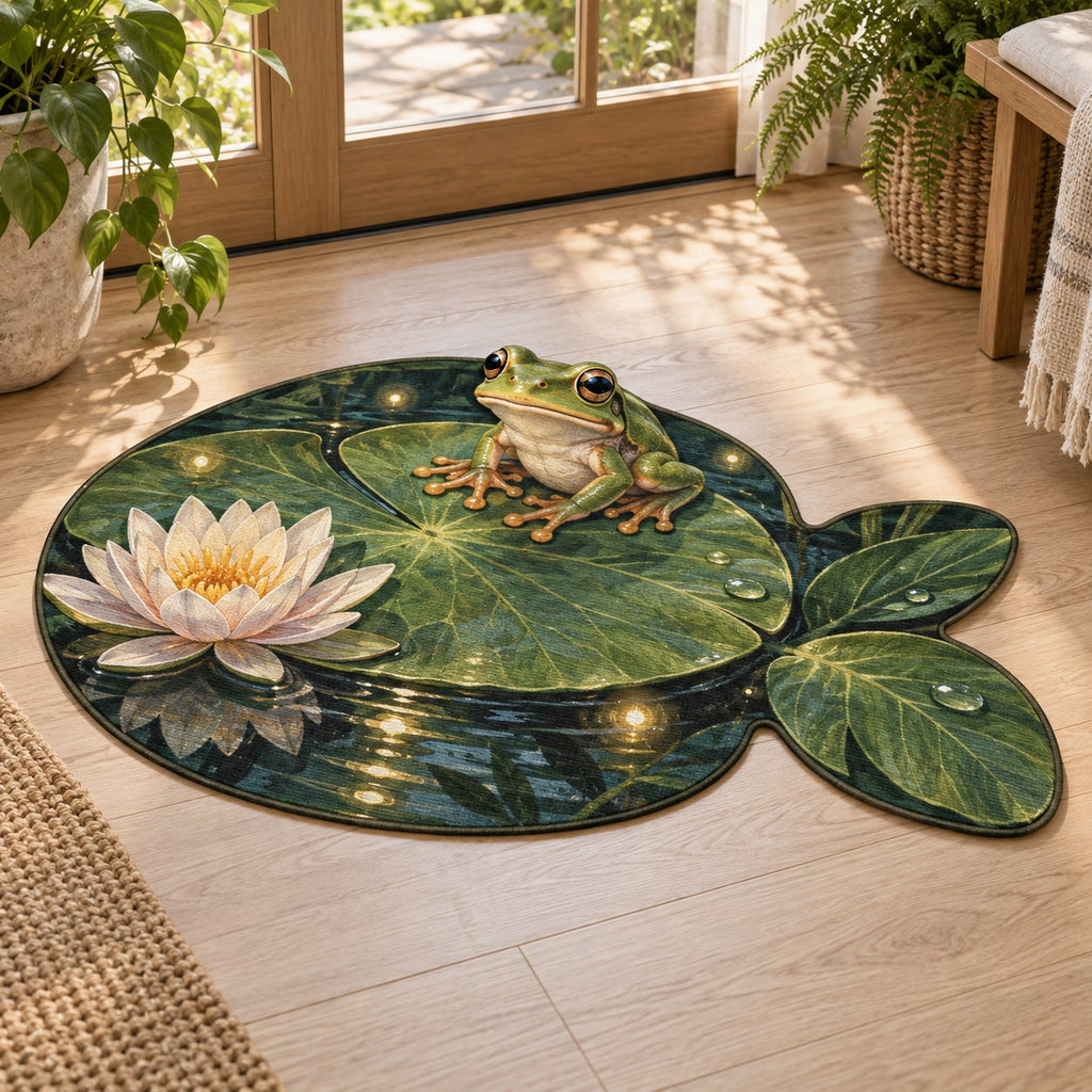 Enchanted Frog Pond Custom Shape Mat with dimensional printed themed artwork; representative AI-generated mockup.