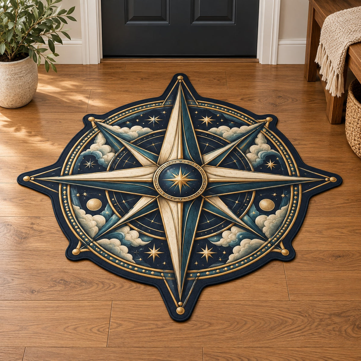 Star Compass Custom Shape Mat with dimensional printed themed artwork; representative AI-generated mockup.