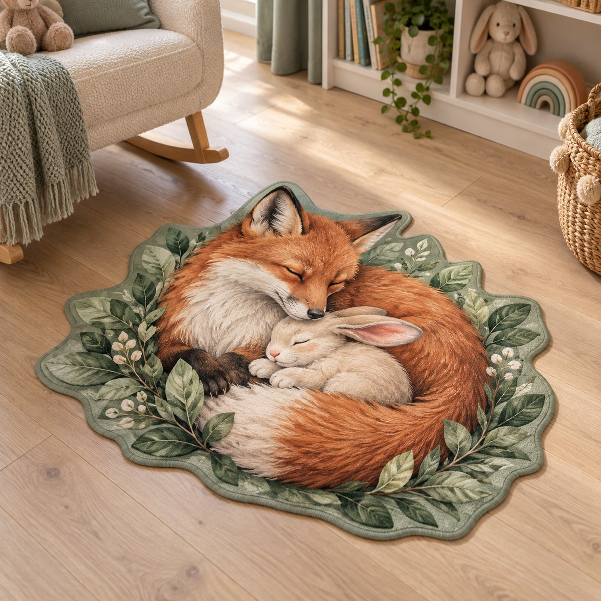 Sage Fox and Bunny Custom Shape Mat with dimensional printed themed artwork; representative AI-generated mockup.