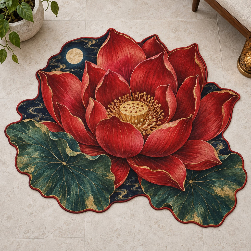 Red Lotus Mandala Custom Shape Mat with dimensional printed themed artwork; representative AI-generated mockup.