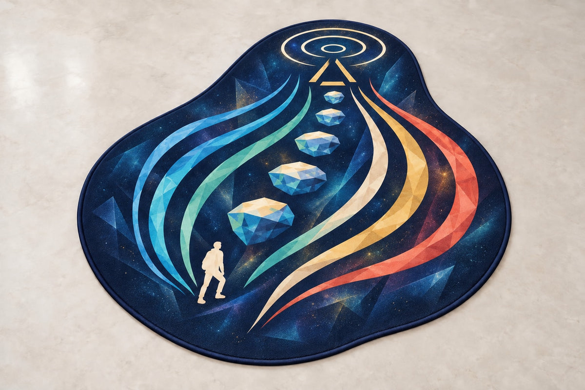 Aurora Cairn Ascension Custom Shape Mat with dimensional printed themed artwork; representative AI-generated mockup.