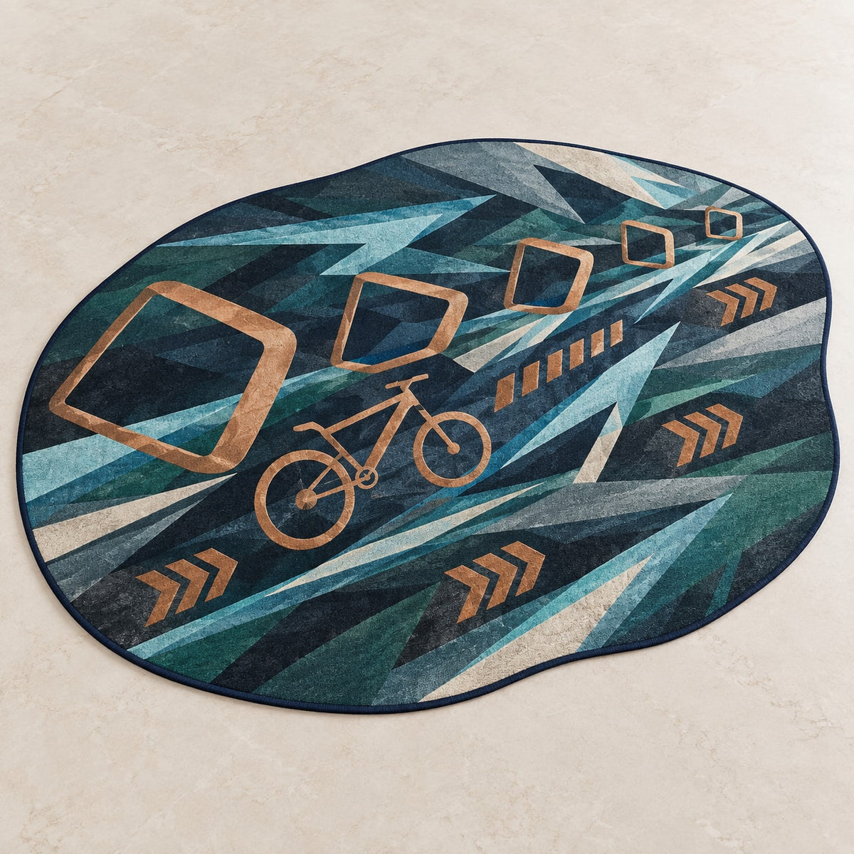 Switchback Ember Traverse Custom Shape Mat with dimensional printed themed artwork; representative AI-generated mockup.