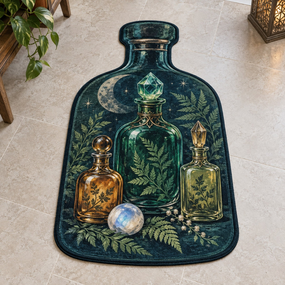 Potion Bottle Still Life Custom Shape Mat with dimensional printed themed artwork; representative AI-generated mockup.