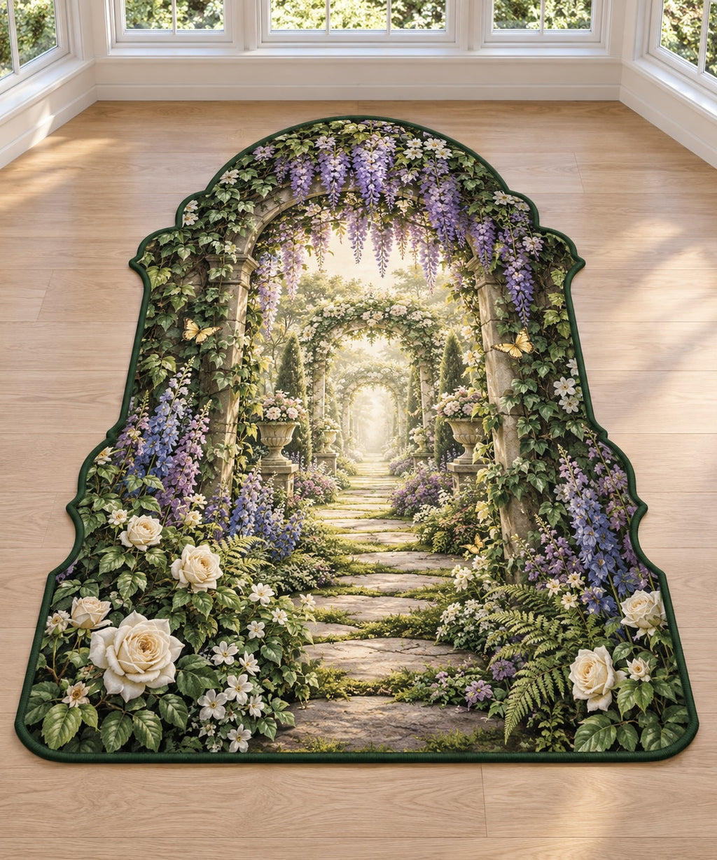 Retirement Garden Portal Custom Shape Mat with dimensional printed themed artwork; representative AI-generated mockup.