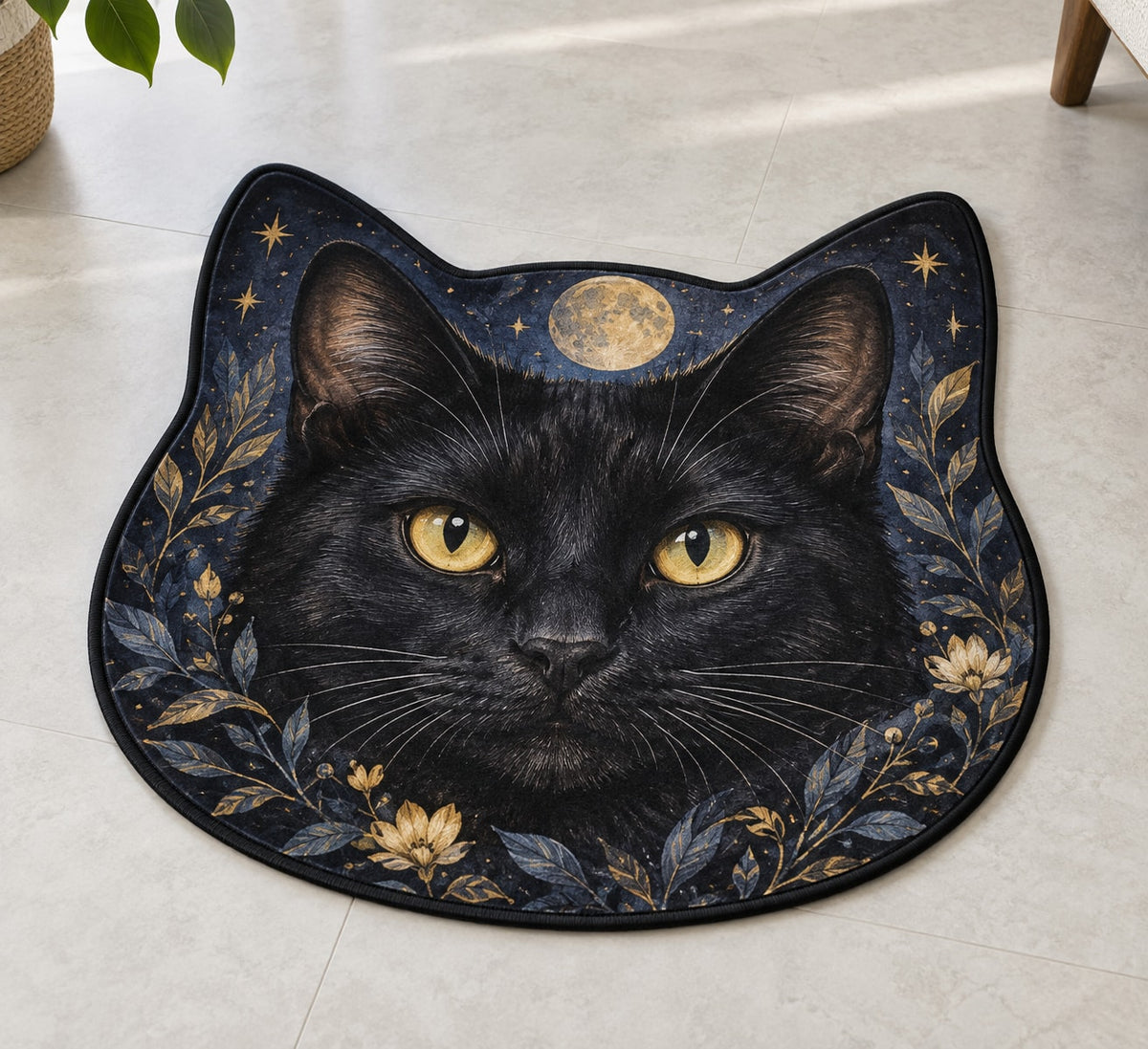 Black Cat Companion Custom Shape Mat with dimensional printed themed artwork; representative AI-generated mockup.
