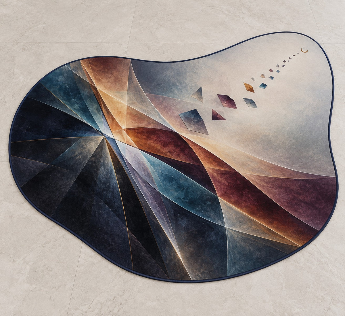 Lumen Parallax Field Custom Shape Mat with dimensional printed themed artwork; representative AI-generated mockup.