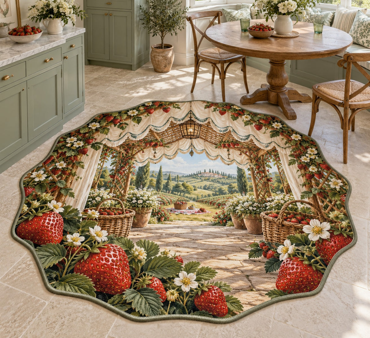 Strawberry Picnic Custom Shape Mat with dimensional printed themed artwork; representative AI-generated mockup.