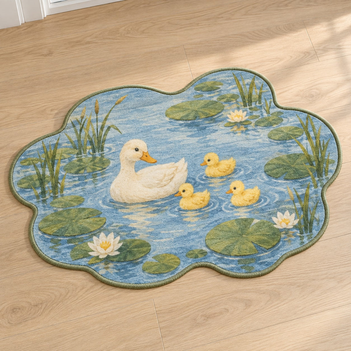 Duck Pond Friends Custom Shape Mat with dimensional printed themed artwork; representative AI-generated mockup.