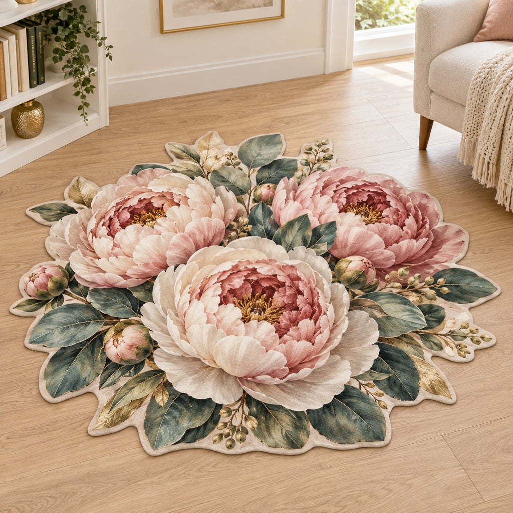 Peony Bouquet Custom Shape Mat with dimensional printed themed artwork; representative AI-generated mockup.
