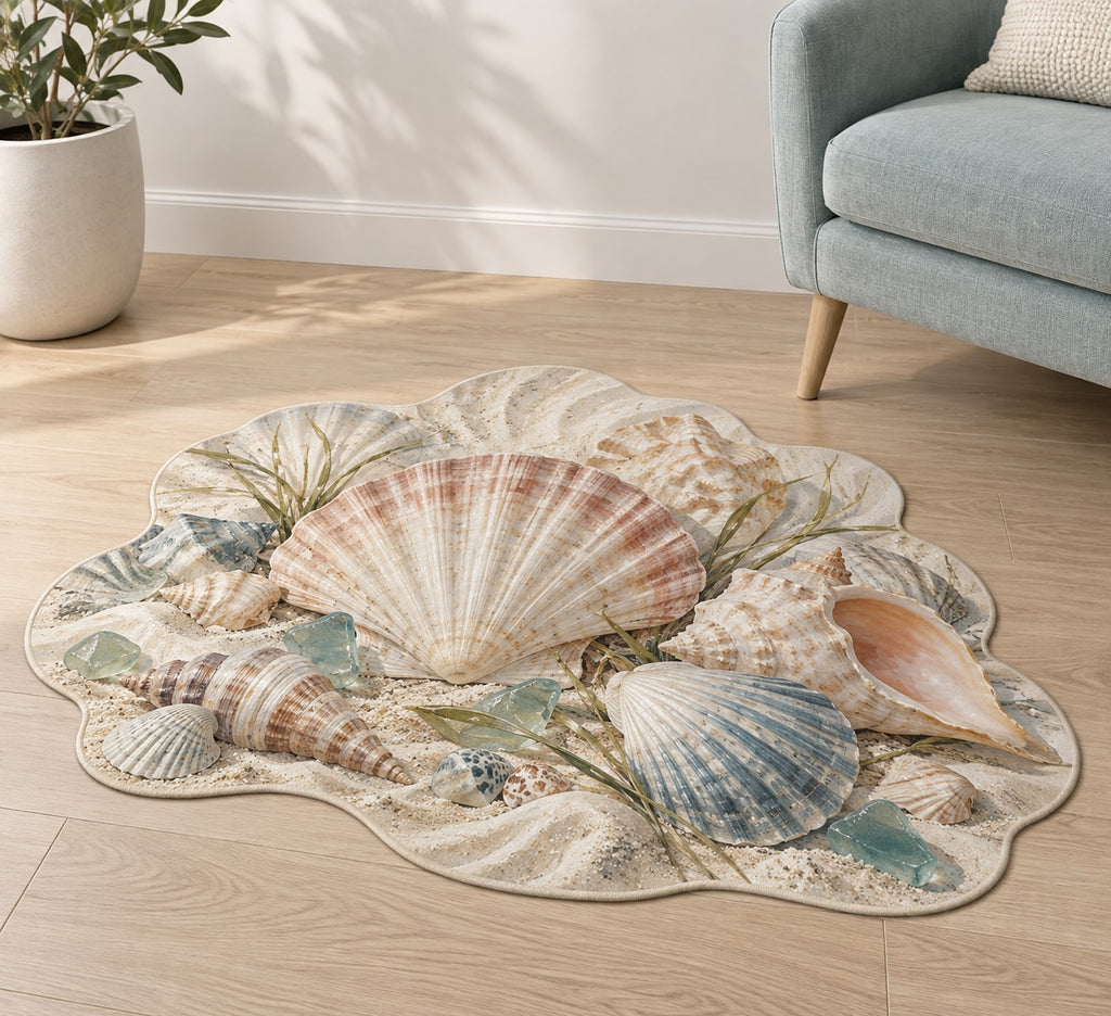 Seashell Study Custom Shape Mat with dimensional printed themed artwork; representative AI-generated mockup.