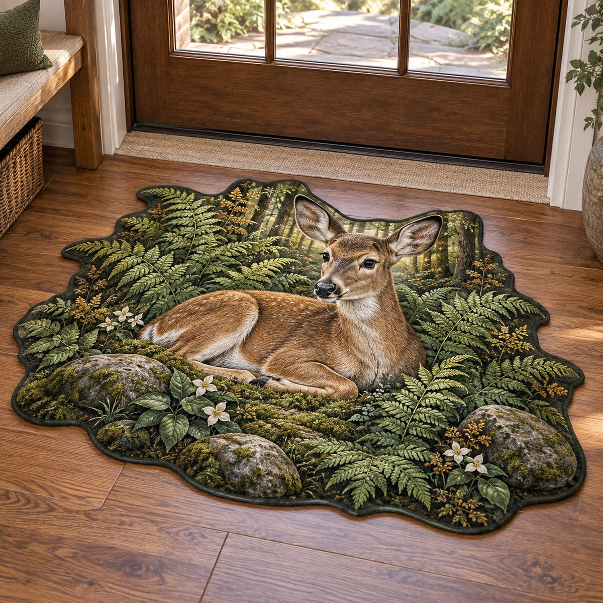 Deer and Ferns Custom Shape Mat with dimensional printed themed artwork; representative AI-generated mockup.