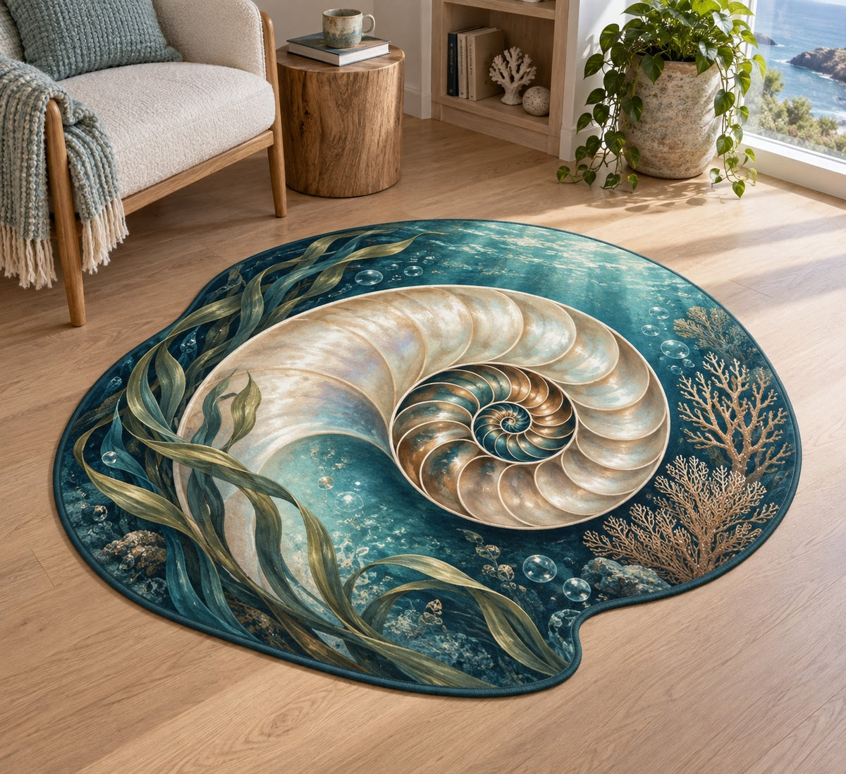 Nautilus Spiral Custom Shape Mat with dimensional printed themed artwork; representative AI-generated mockup.