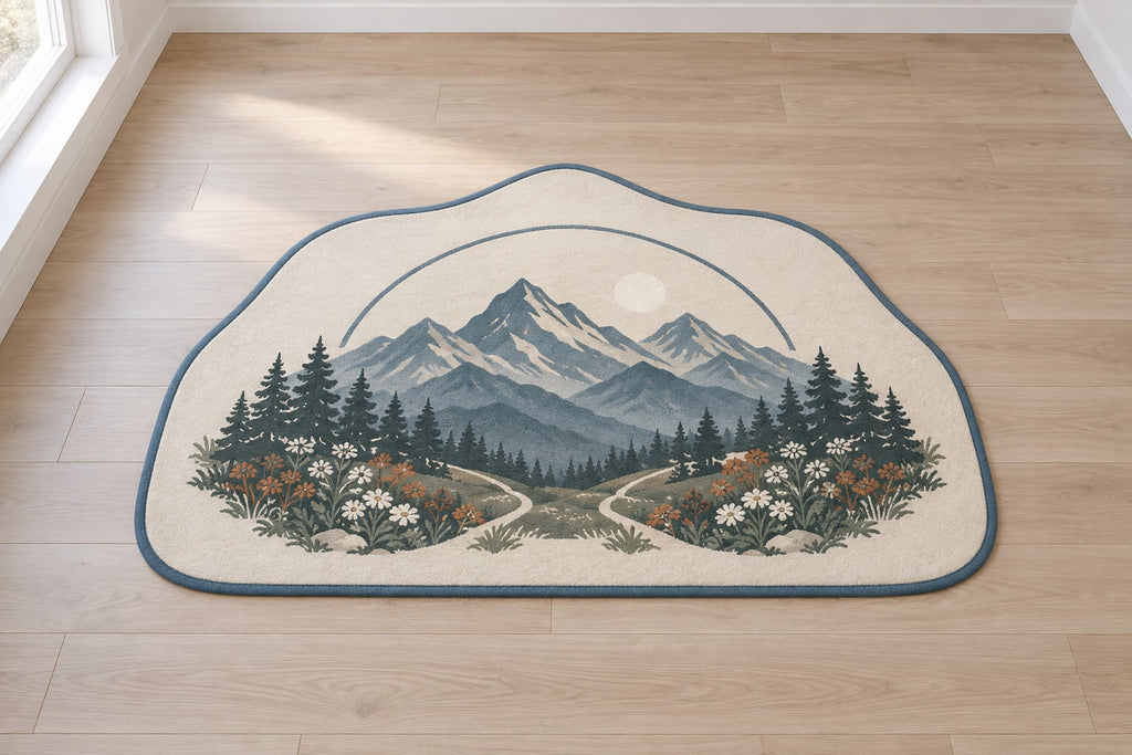 Mountain Elopement Ridge Custom Shape Mat with dimensional printed themed artwork; representative AI-generated mockup.