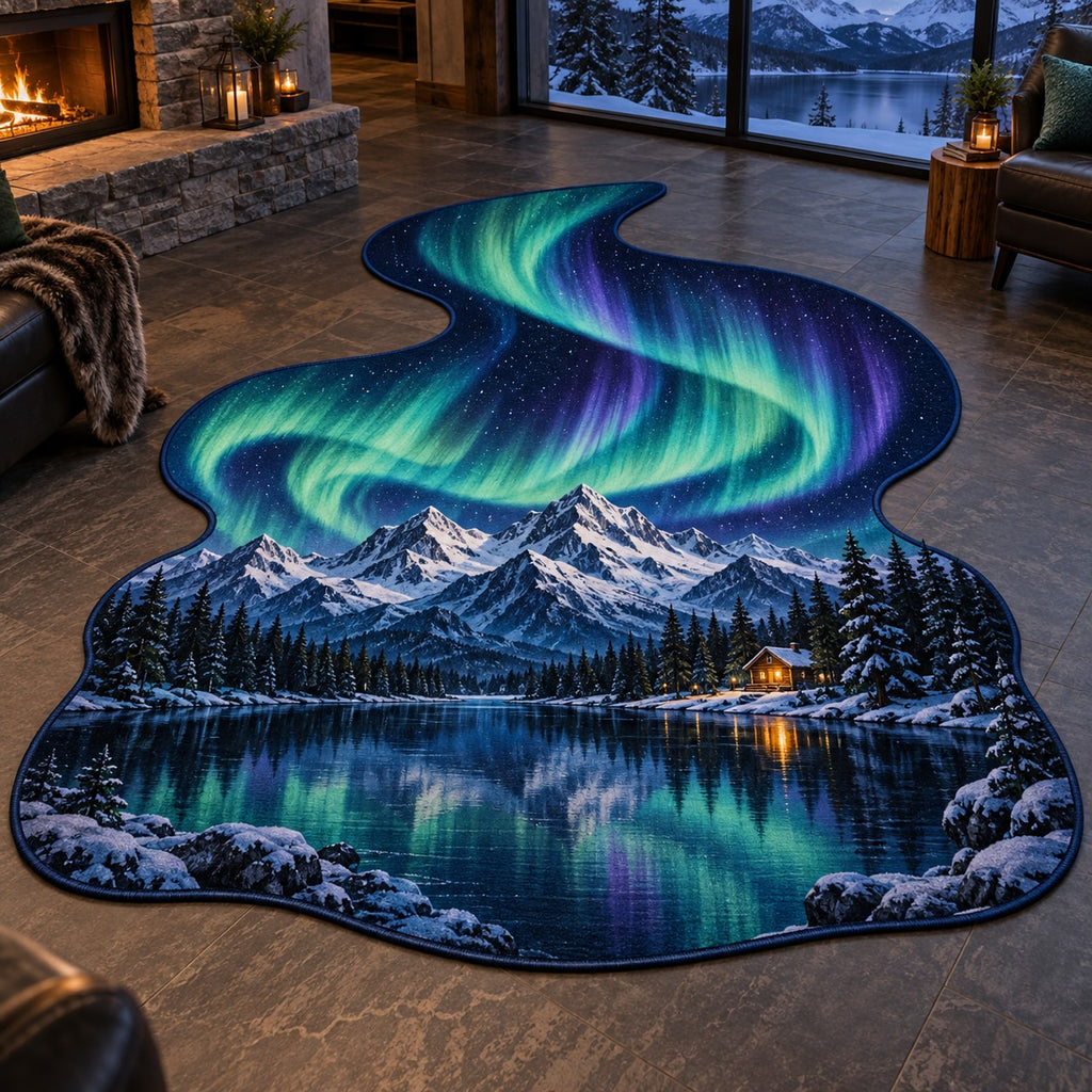 Northern Lights Custom Shape Mat with dimensional printed themed artwork; representative AI-generated mockup.
